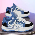 Men's white synthetic leather sneakers with cartoon pattern and thick rubber sole