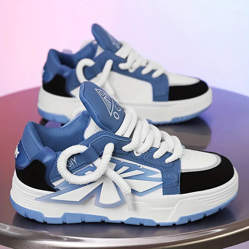 Men's white synthetic leather sneakers with cartoon pattern and thick rubber sole