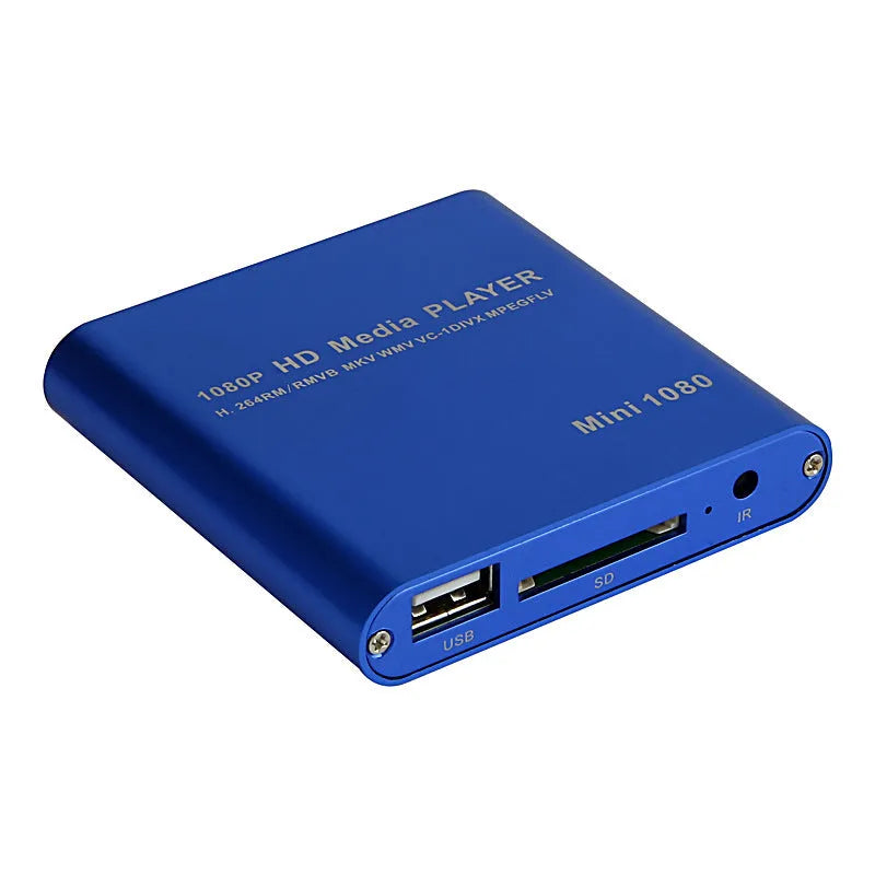 Compact black or blue 1080P Full HD media player with HDMI, SD, and USB ports