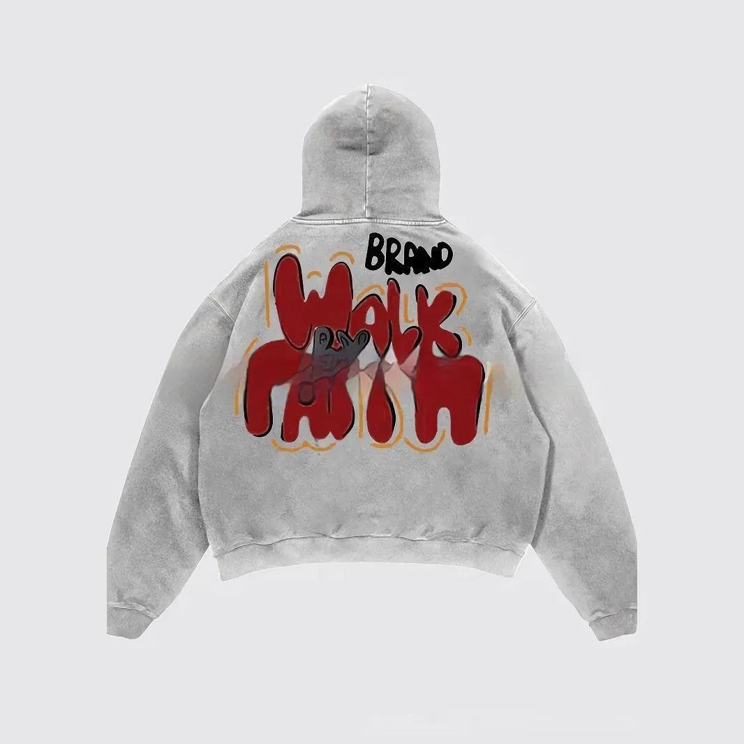 Women's granny grey hoodie with vintage letter print design and side pockets.