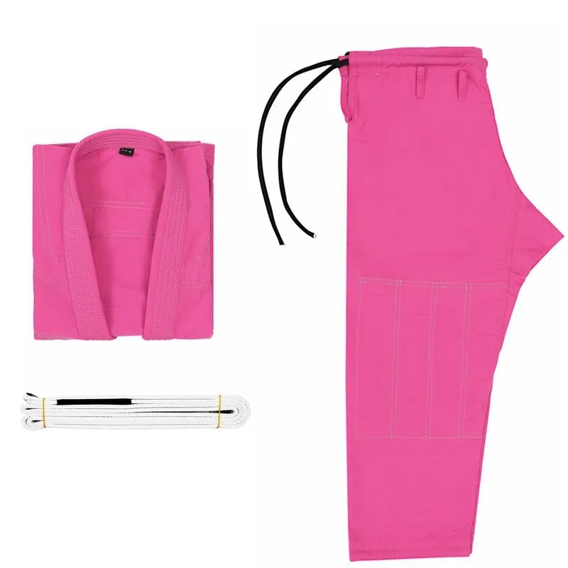 Brazilian jiu jitsu gi set showing cotton blend top and trousers in one of five available colours.