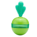 Blue and green durable rubber treat dispensing dog toy ball with small holes for medium large dogs