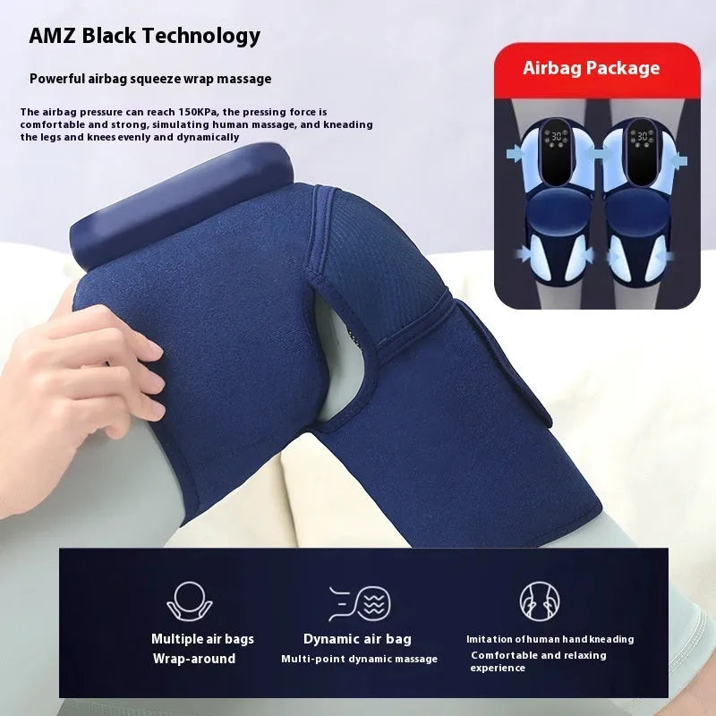 Airbag Blue self-heating knee massager showing vibration, heating and compression functions