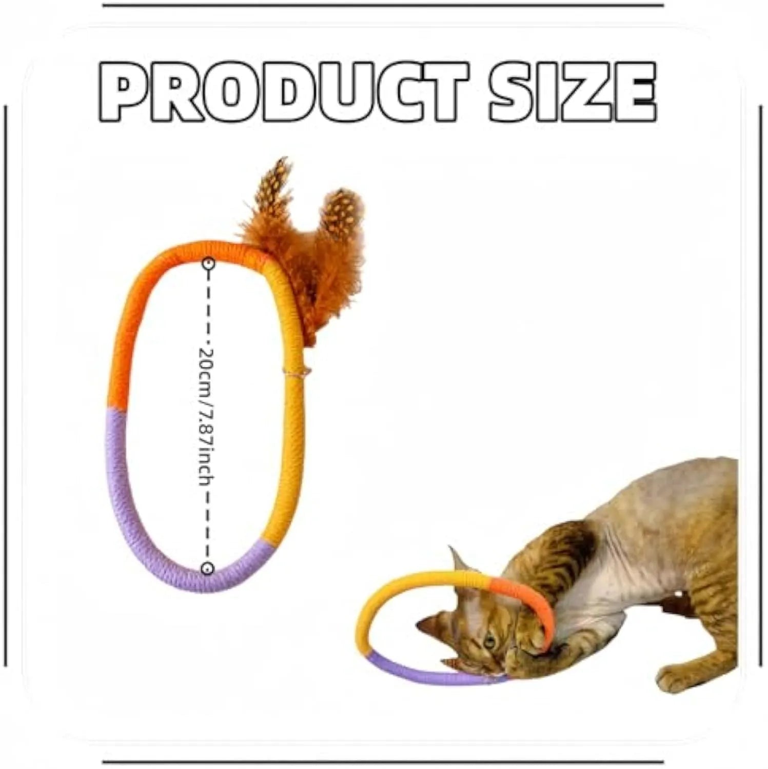 Circular green cotton rope cat toy with feathers and catnip filling for chewing and interactive play