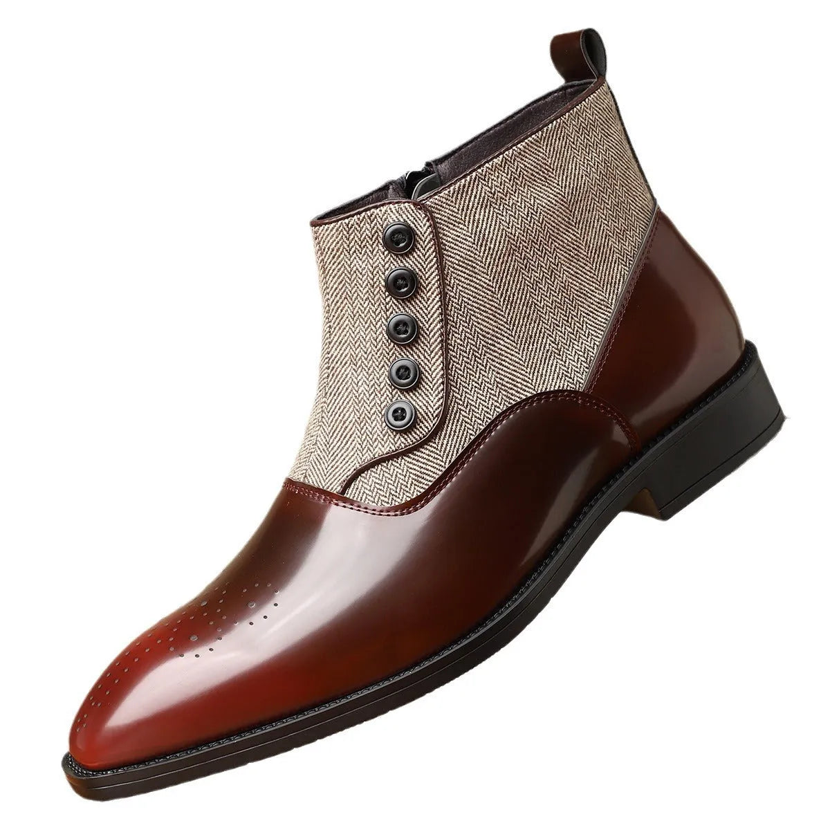 Men's brown and green retro formal shoes with side zipper and square toe.