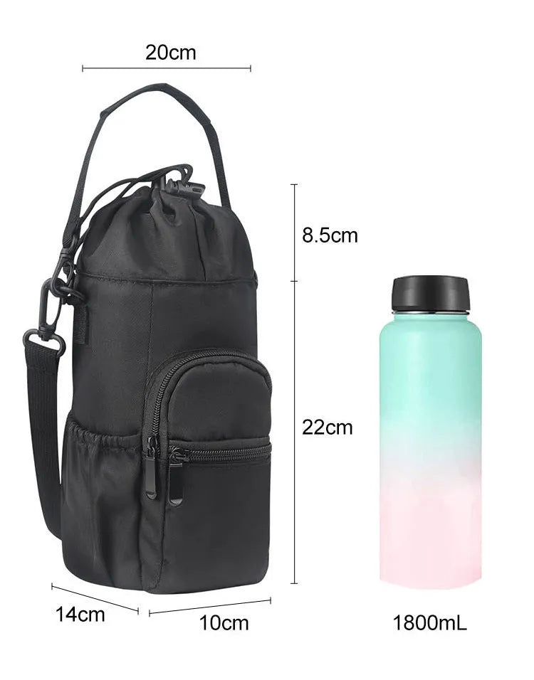 Canvas water bottle pouch with crossbody strap in black, green or pink colours
