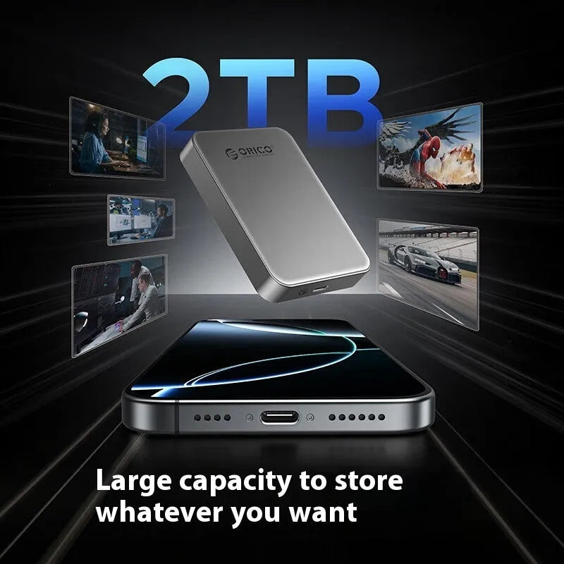 Grey magnetic mobile solid state drive with ultra-thin 80x60mm dimensions and magnetic attachment ring