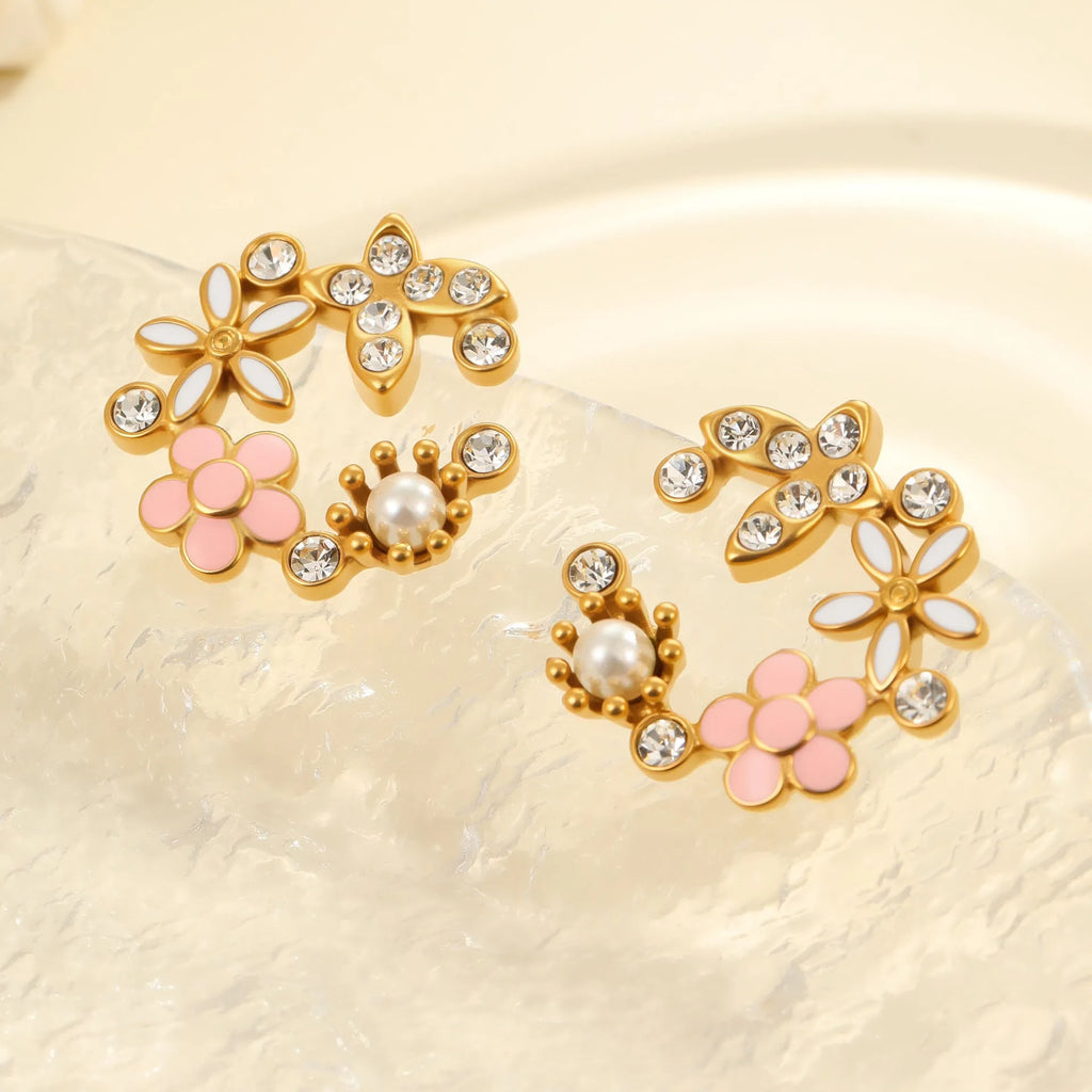 Colourful flower stud earrings with petal design in 18K stainless steel with electroplated finish