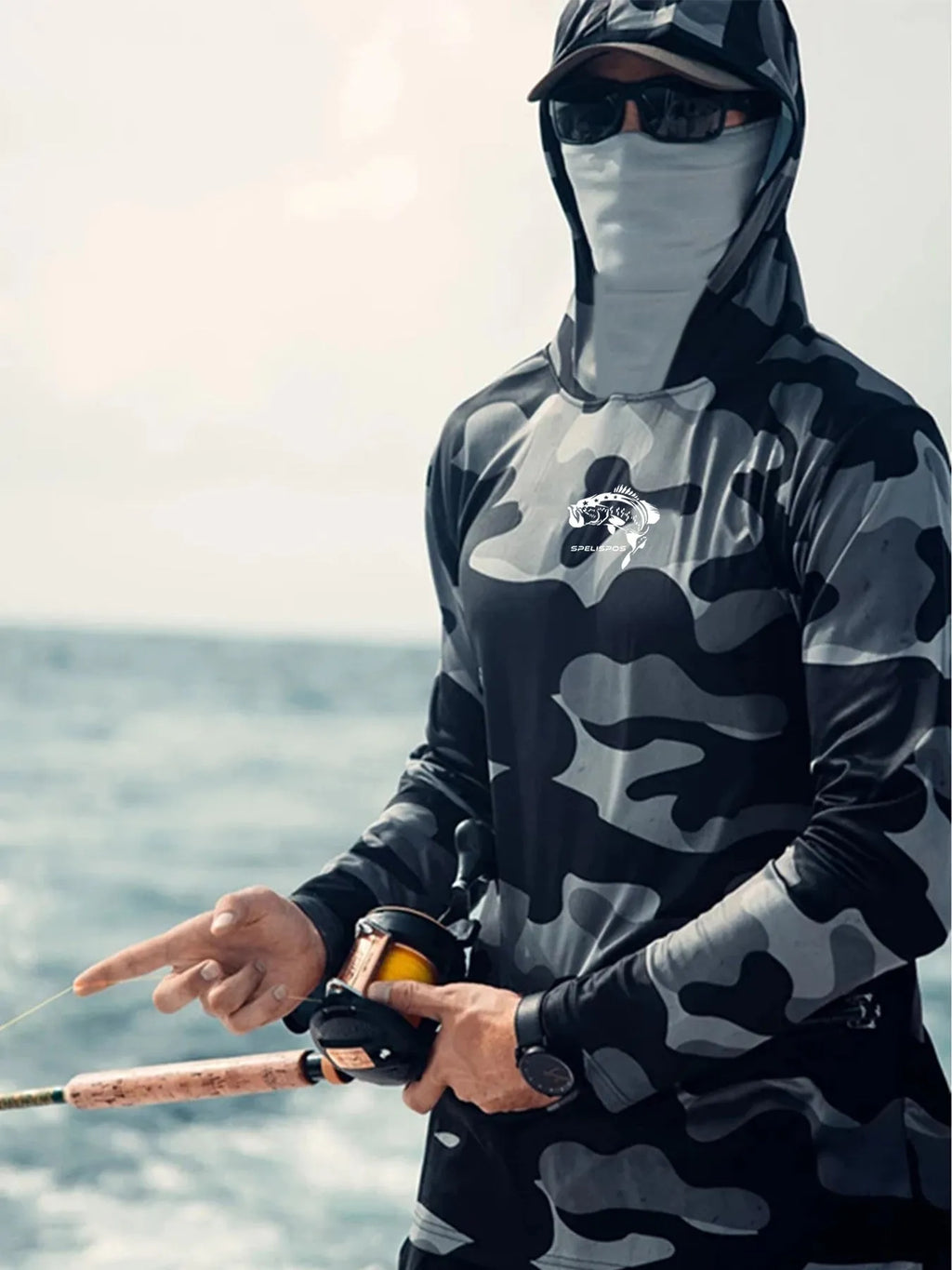 Men's grey long sleeve fishing hoodie with mesh side panels and crew neck.