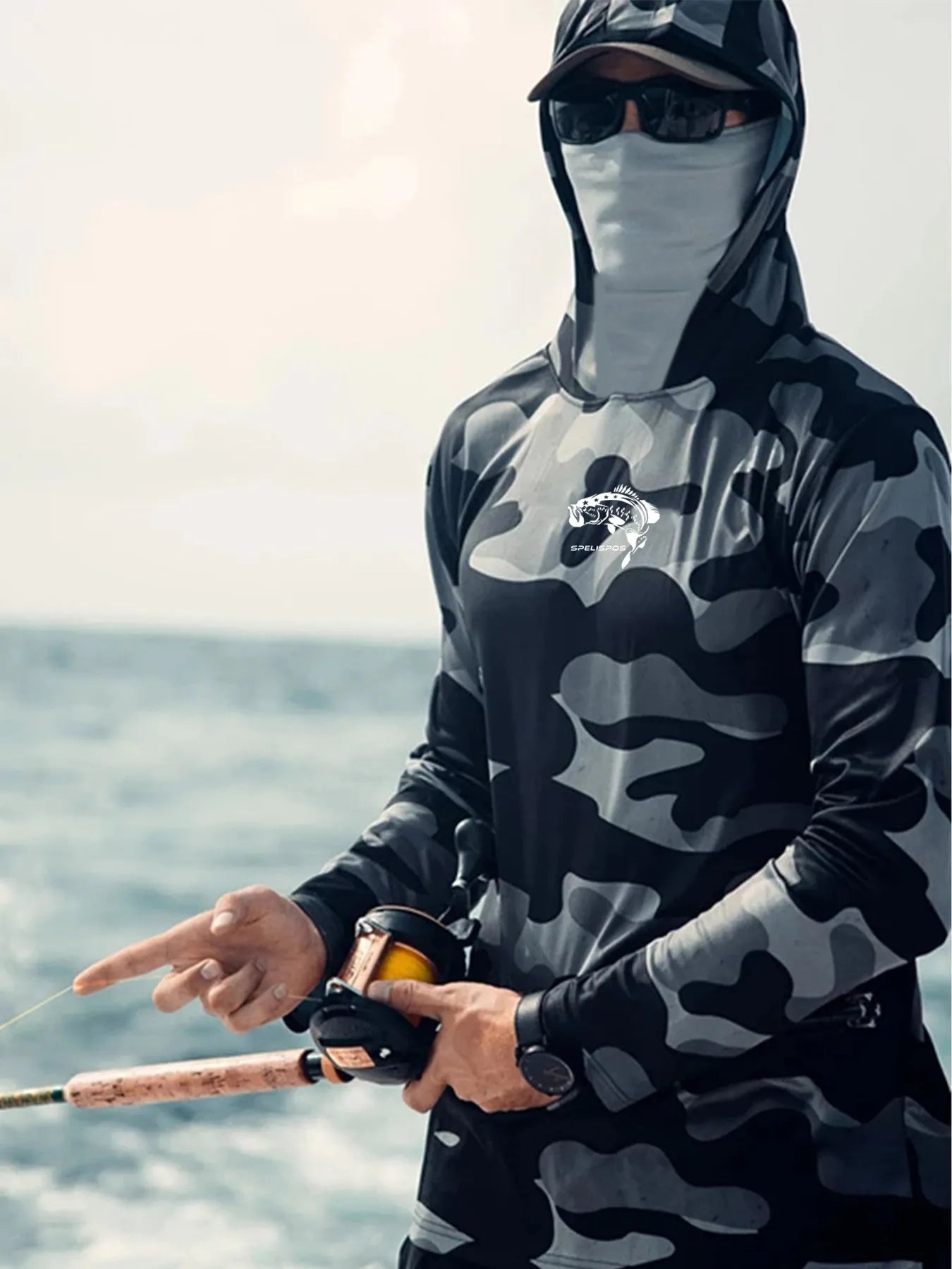Men's grey long sleeve fishing hoodie with mesh side panels and crew neck.