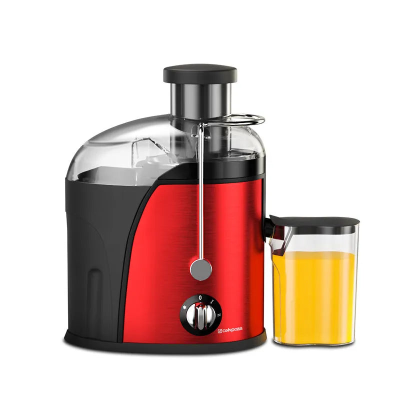 Red multifunctional home juice extractor with stainless steel liner and body, 400ml capacity, 201-500W power.