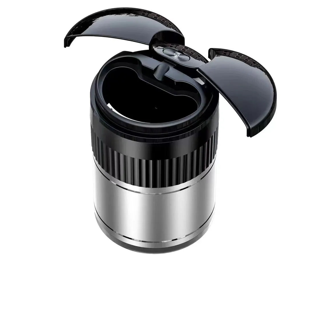 Black metal smart car ashtray with lid, showing compact 113mm size for cup holders.