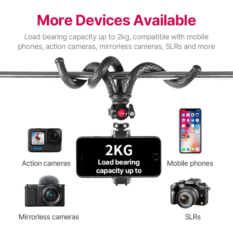 Black octopus-style flexible tripod with phone clip extended to 360mm length