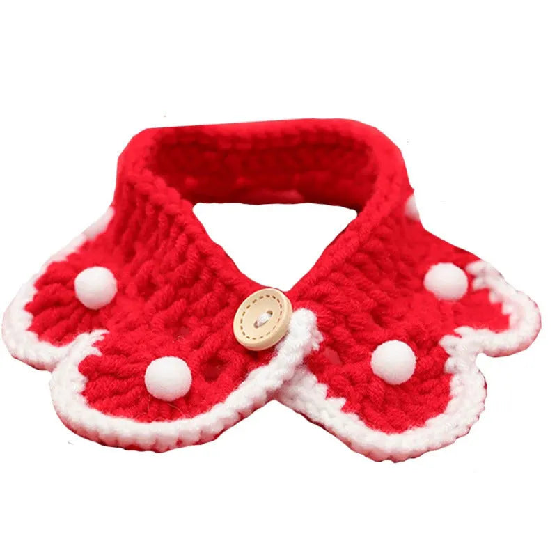 Wool knitted pet collar with cartoon pattern in milk cotton showing four size options for dogs cats rabbits