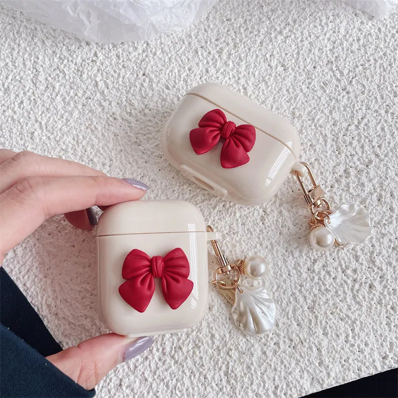 Beige red bow shell TPU clamshell case for AirPods Pro and other models
