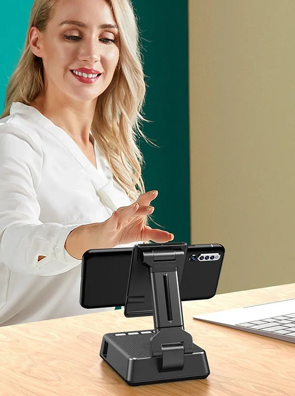 Black mobile phone broadcaster stand with Bluetooth speaker and HD microphone for live streaming desk use