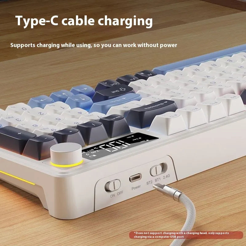 Wireless blue and white mechanical-feel keyboard and mouse on a desk with Type-C cable.