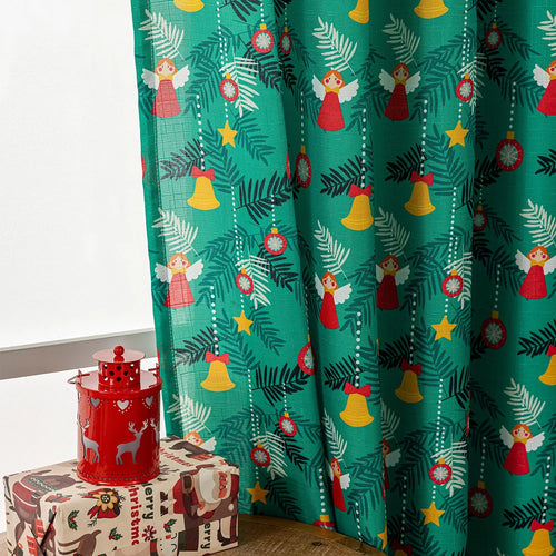 Christmas snowman angel print curtain in green colour with cartoon figures pattern