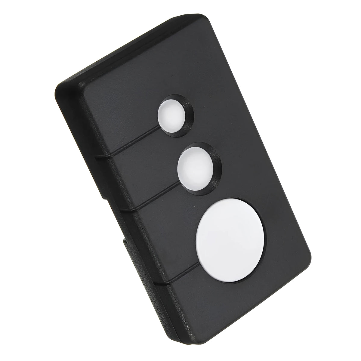 Black three-button LiftMaster garage door remote control with rolling code, showing dimensions.