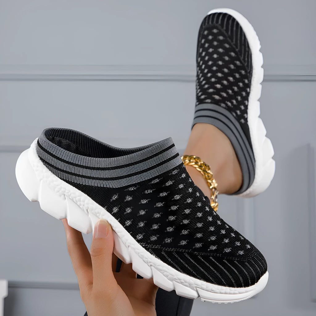 Women's striped Flyknit slipper shoes with hollowed-out design in black, pink and purple colour options
