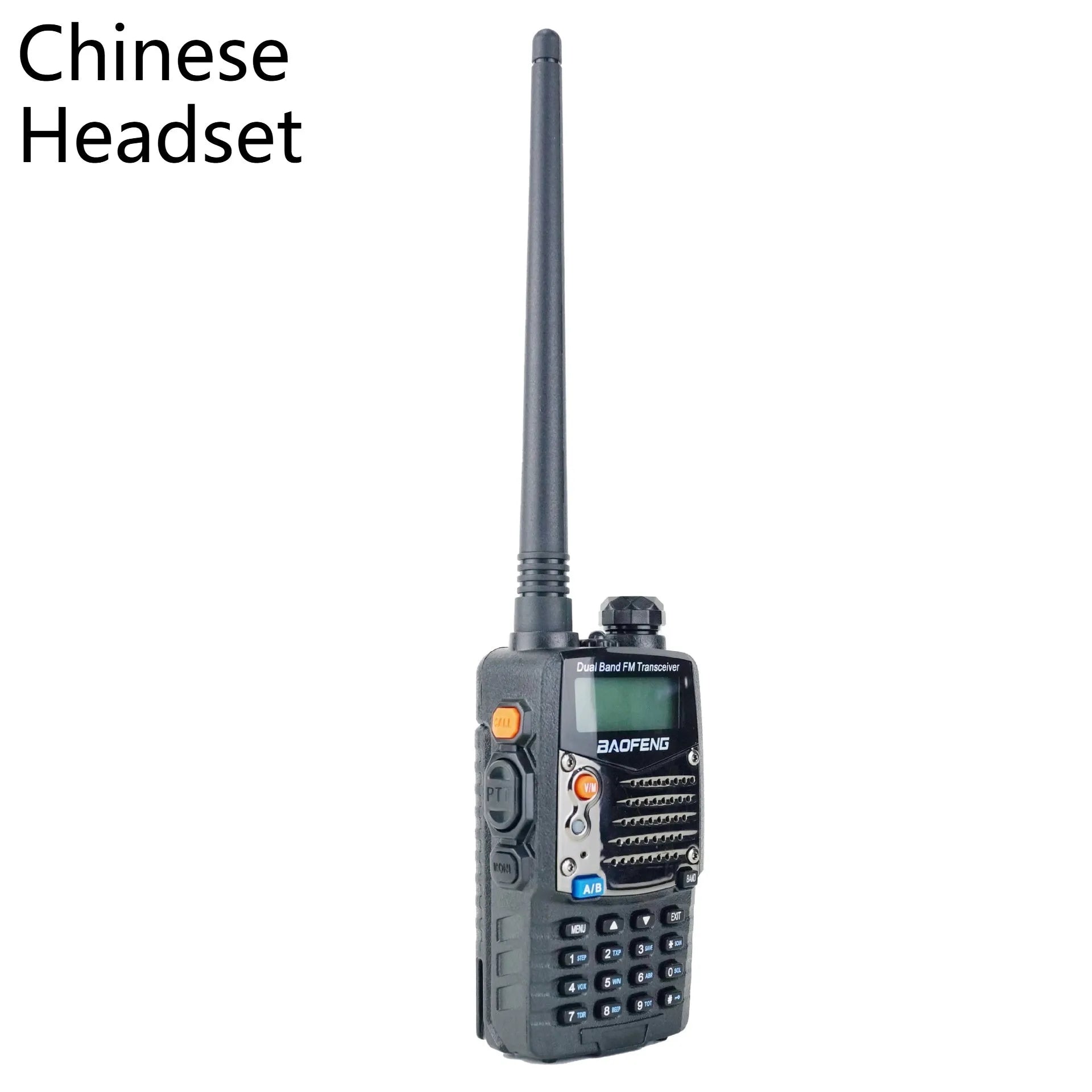 Baofeng UV-5RA dual display two-way radio with optional headset configurations.