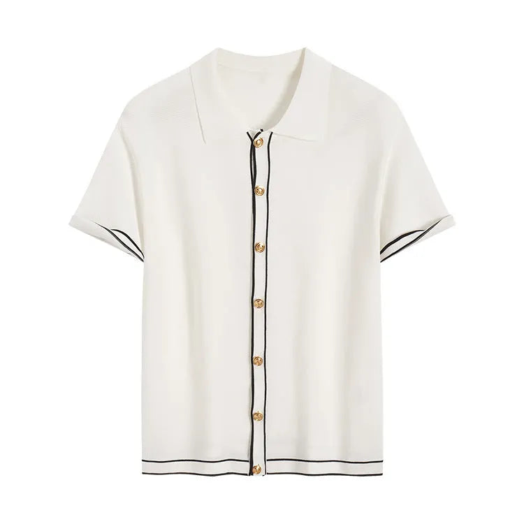 White short sleeve women's cardigan with dark contrast lapel collar, old money style.