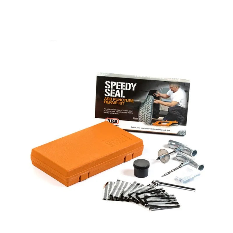 Speedy Seal emergency tyre repair tool set with compact case, pressure gauge, and puncture repair tools