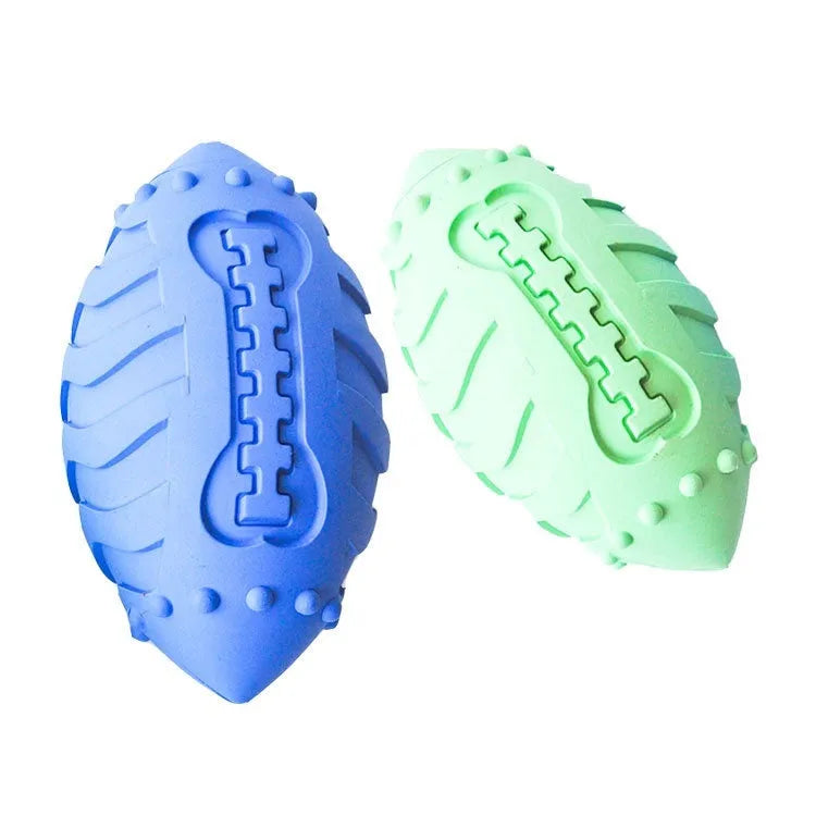 Light green thickened rubber rugby ball dog toy with bite-resistant construction.