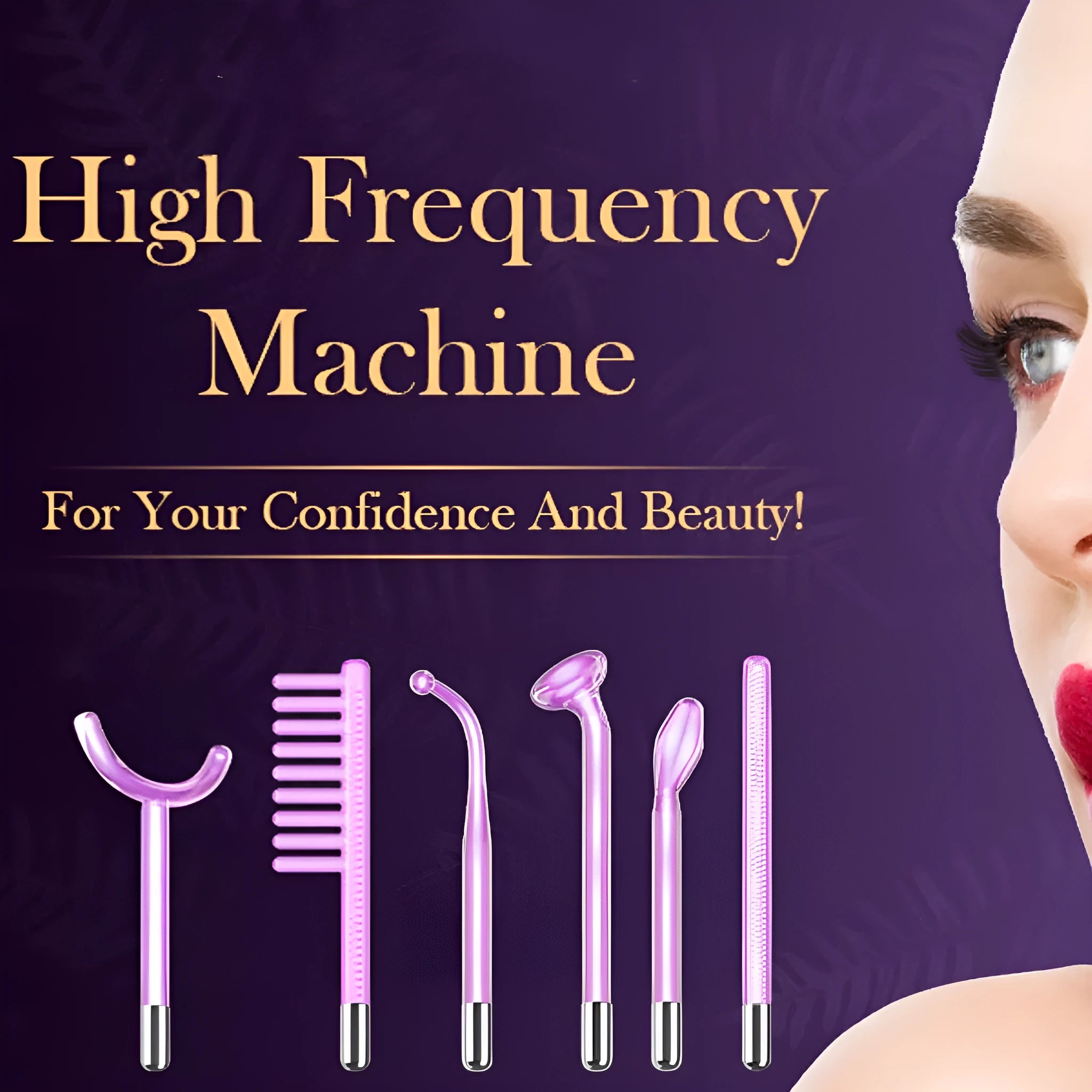 Purple high wave electrotherapy rod beauty instrument with six accessory heads for commercial skincare treatments