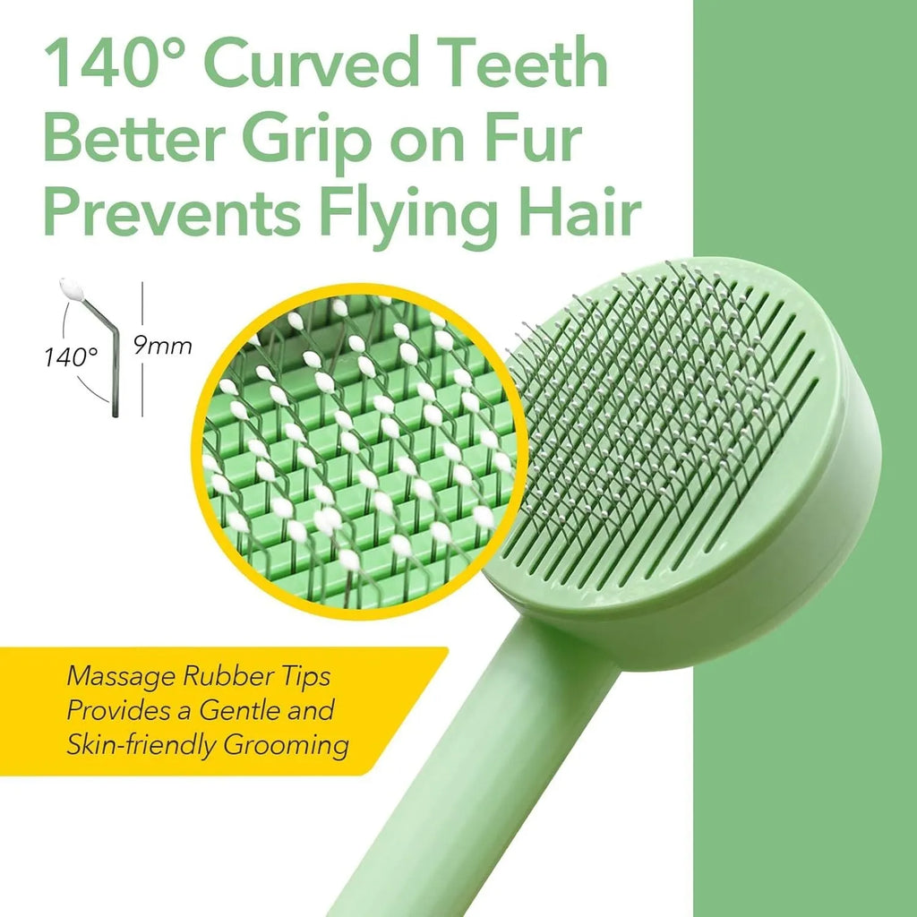 Green and yellow 2-in-1 pet grooming brush with stainless steel teeth and hanging loop