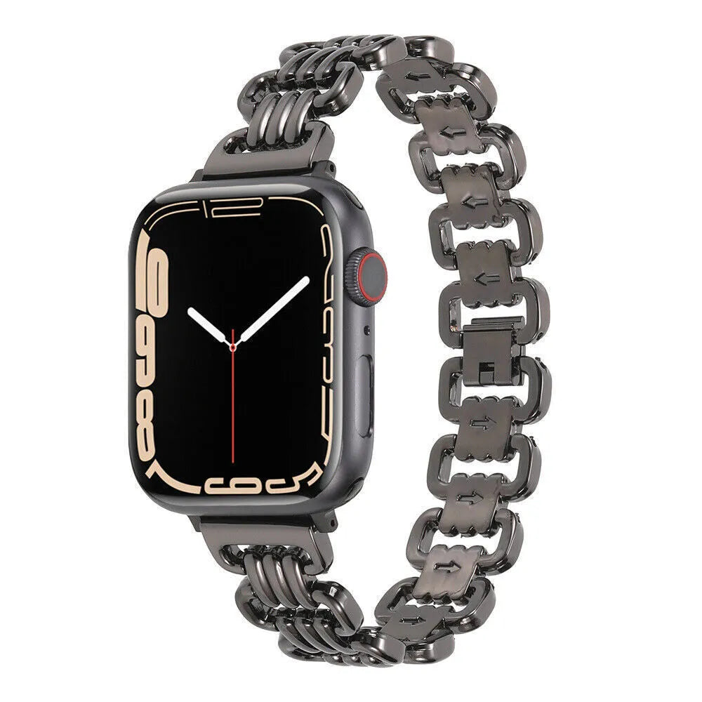 Metal alloy Apple Watch bracelet in silver colour showing band details and connector