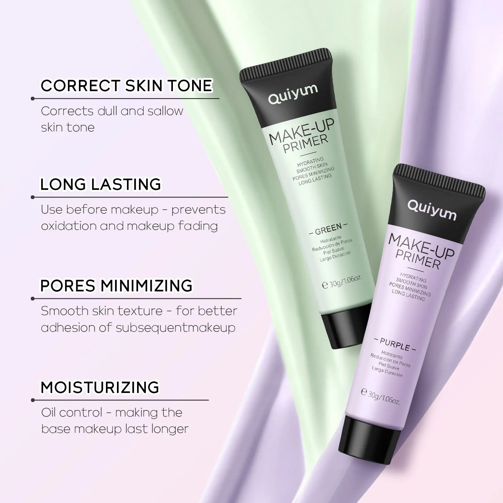 30g moisturising makeup primer in purple, pink and green colour-correcting shades