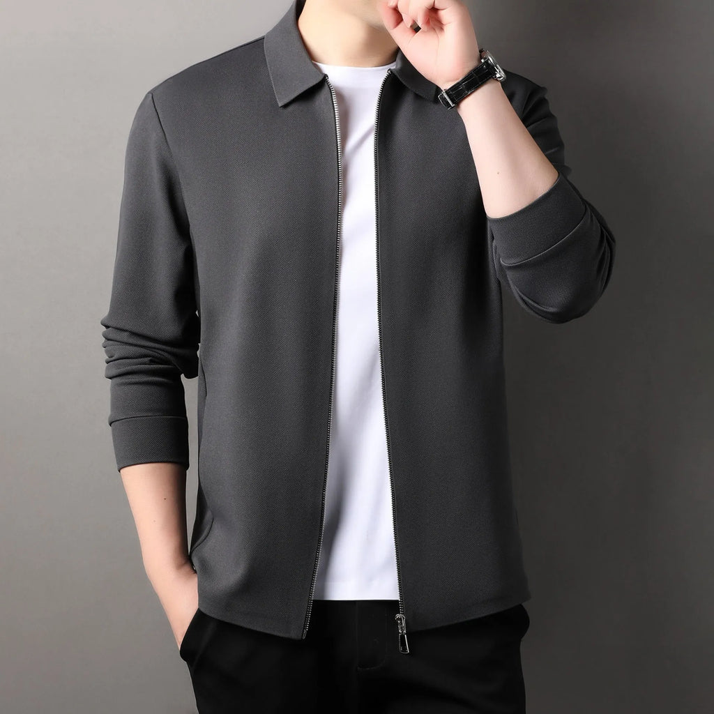 Men's slim fit casual business jacket in polyester available in black, dark grey, and apricot colours.