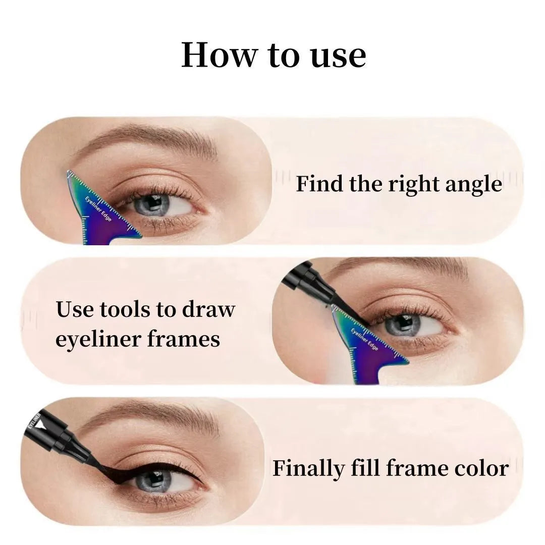 3-in-1 eyeliner stencils tool for hooded eyes showing winged eyeliner, eyebrow and face contour guides
