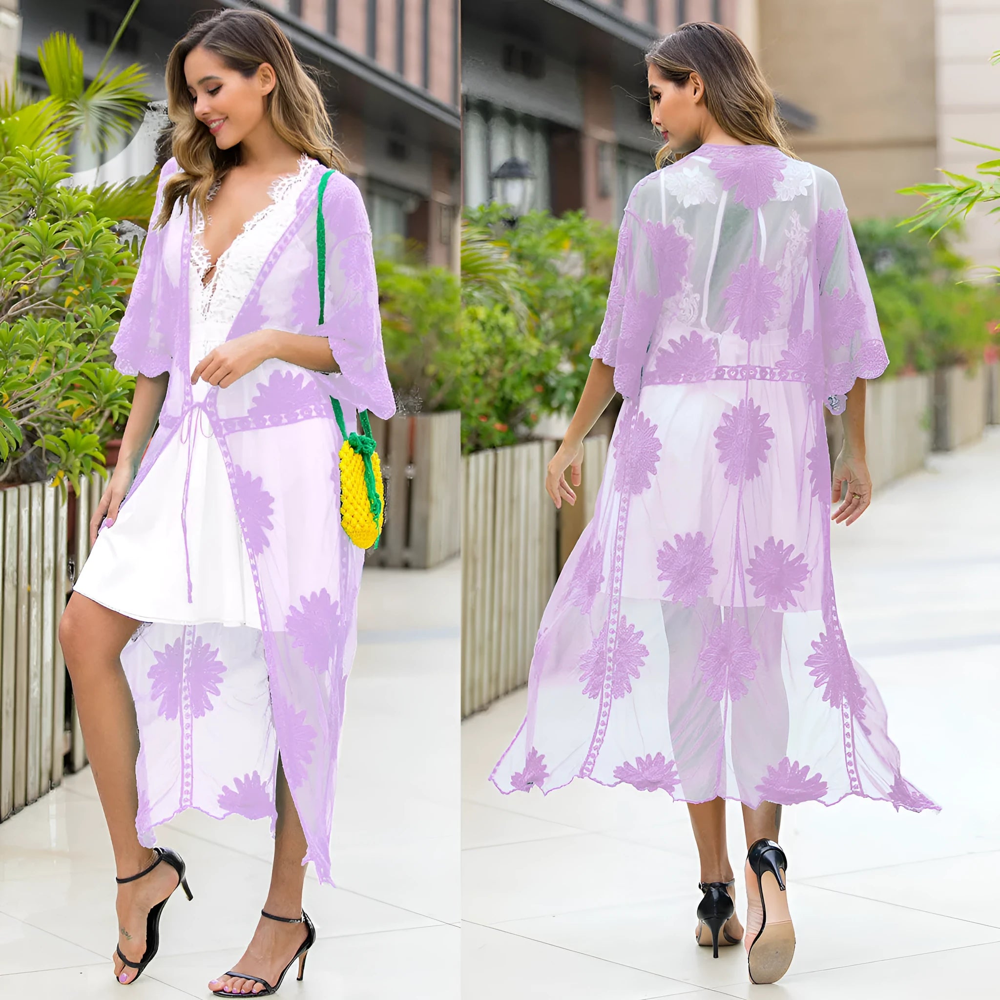 Light purple beach dress cardigan with lace embroidery for swimming cover-up