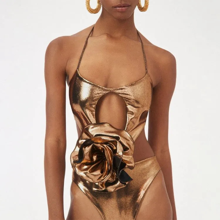Gold handmade halter one-piece swimsuit with hollow-out detail on the front.