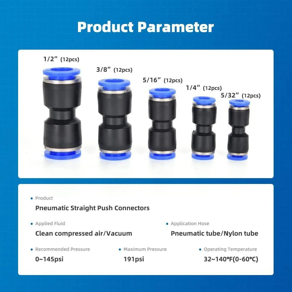 60-piece quick pneumatic push-in connector kit with R1/4 and R1/2 fittings