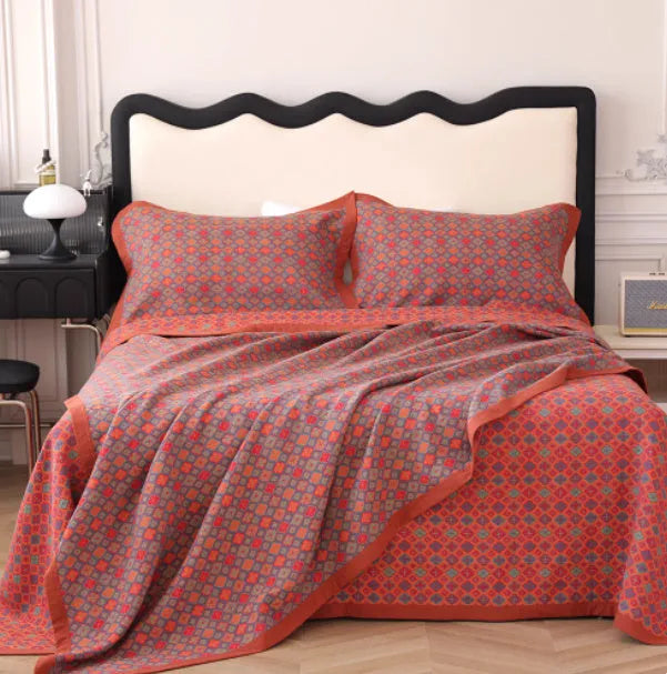 Cotton gauze bed blanket set with matching floral pillowcases in three size options