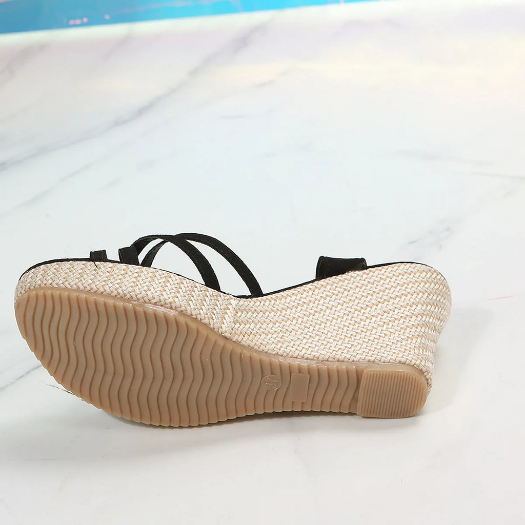 Women's wedge sandals with fish mouth toe design in black or beige cloth upper