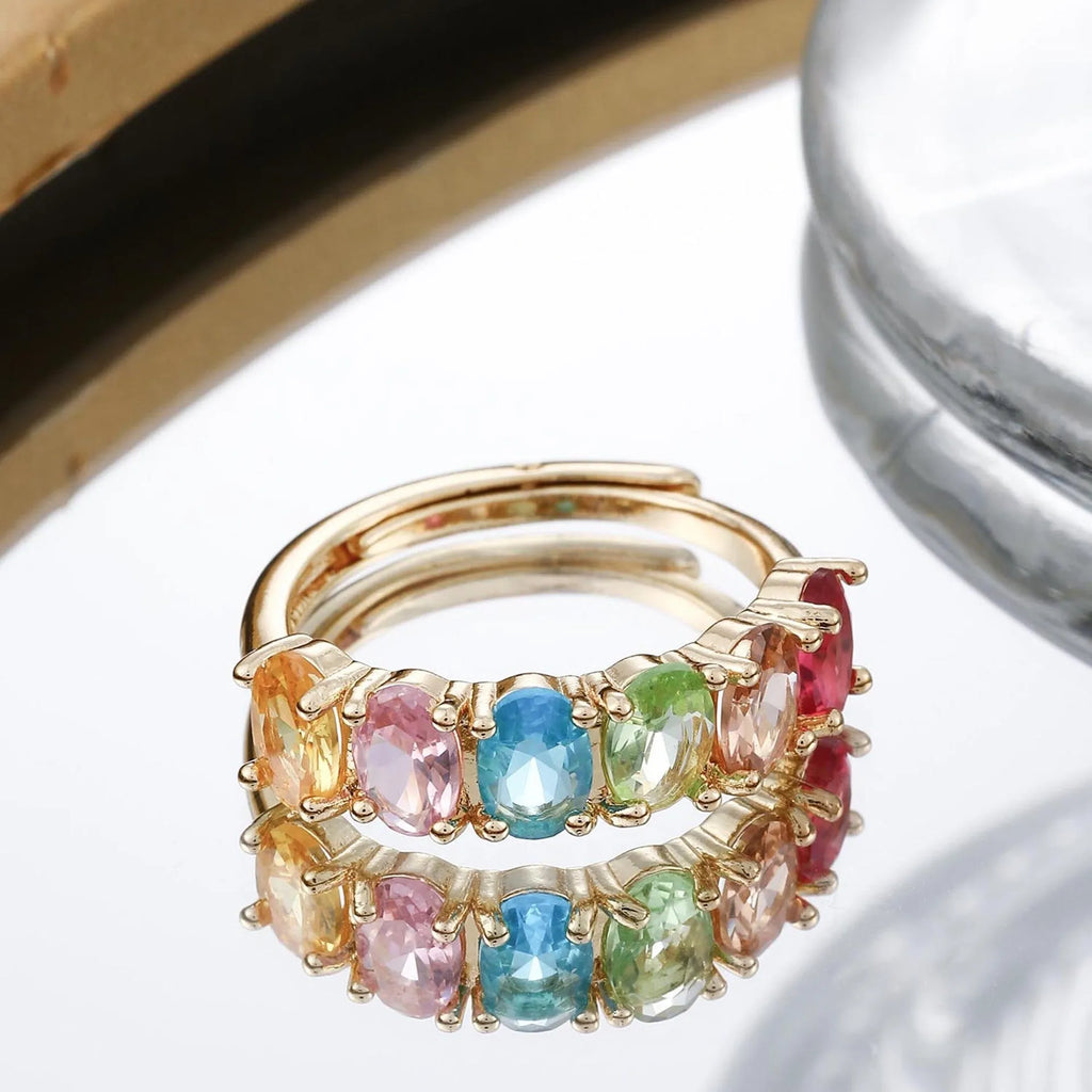 Gold electroplated adjustable women's ring with retro zircon stone on copper base