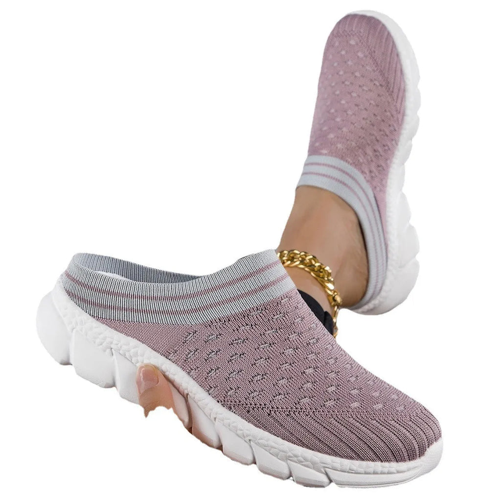 Women's striped Flyknit slipper shoes with hollowed-out design in black, pink and purple colour options