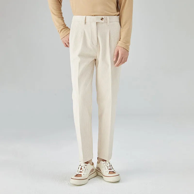 Corduroy straight-leg trousers in black, beige, and brown grey colours with micro elastic fabric