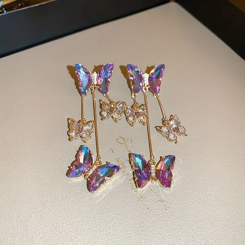Silver needle blue purple butterfly tassel earrings with crystal flowers for women