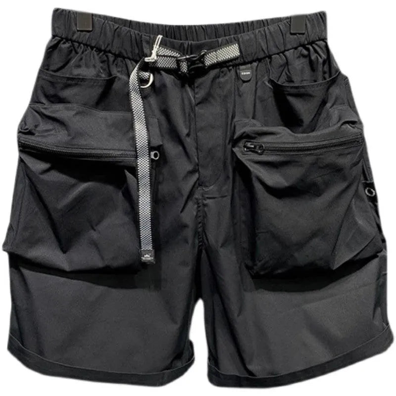 Men's loose fit black casual shorts with pockets and straight leg hem.