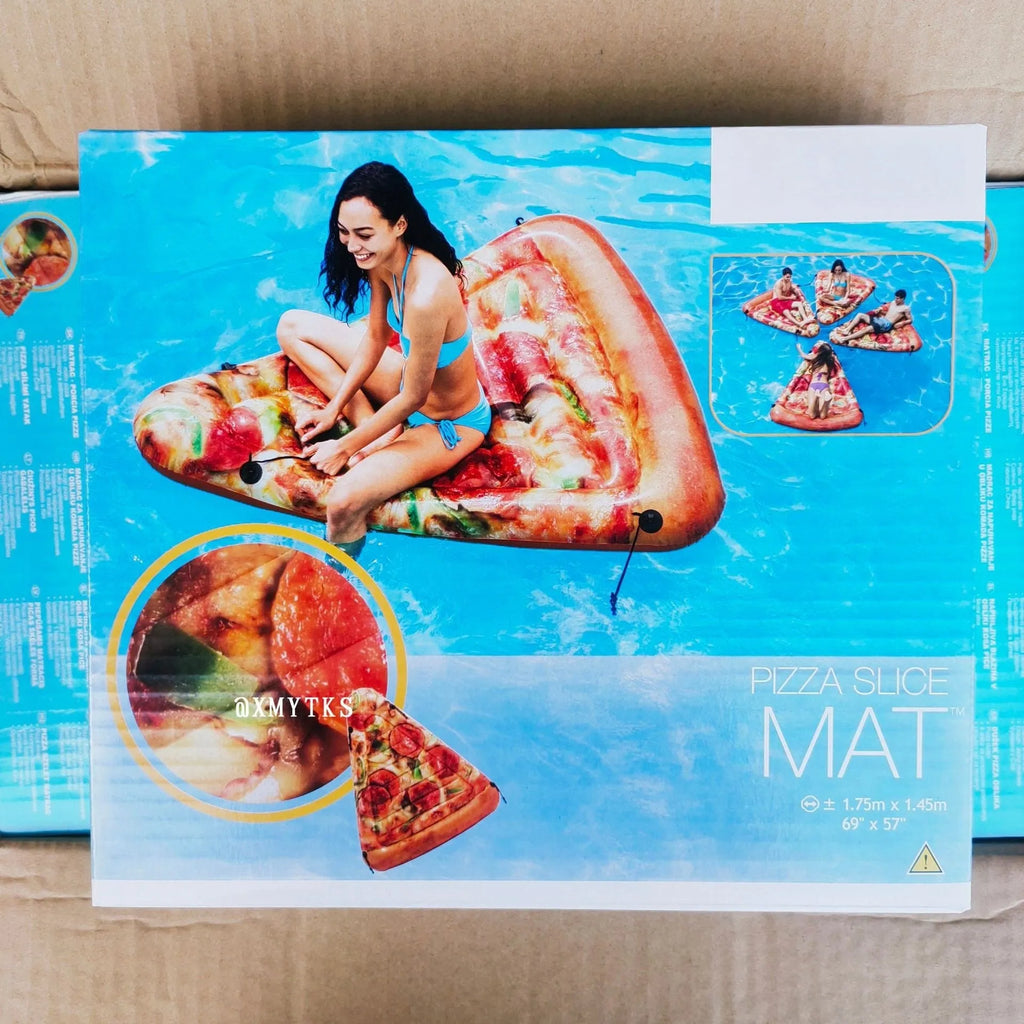 Large inflatable pizza-themed surfboard lounger floating on water.