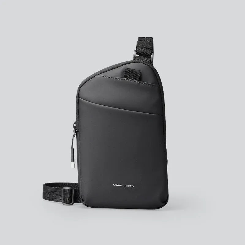 Men's black Oxford cloth crossbody bag showing reinforced stitching and simple design