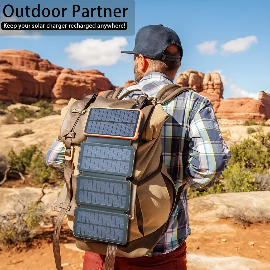 Outdoor waterproof solar power bank in multiple colours with charging cable and LED light