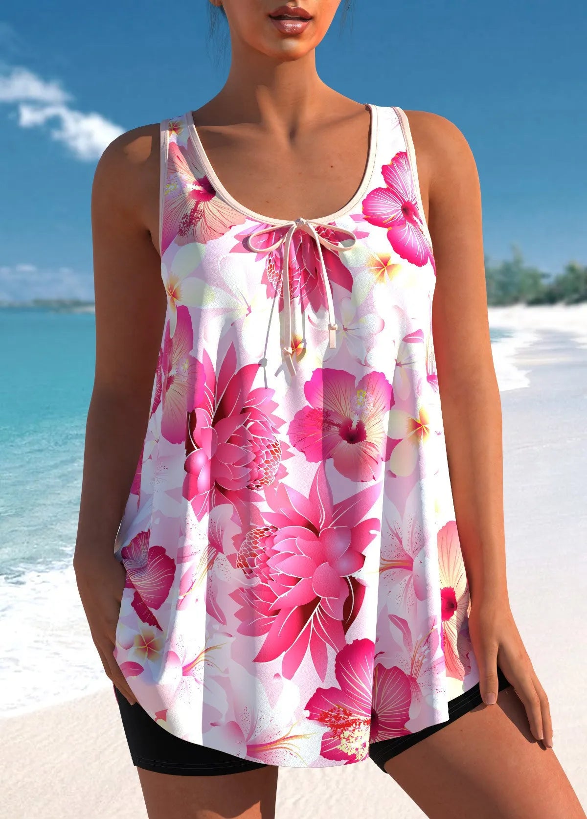 Pink printed plus size tankini swimsuit with high waist briefs on a mannequin