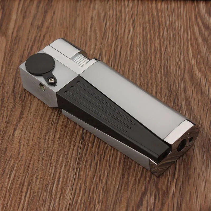 Foldable metal pipe lighter showing zinc alloy construction and refillable butane mechanism