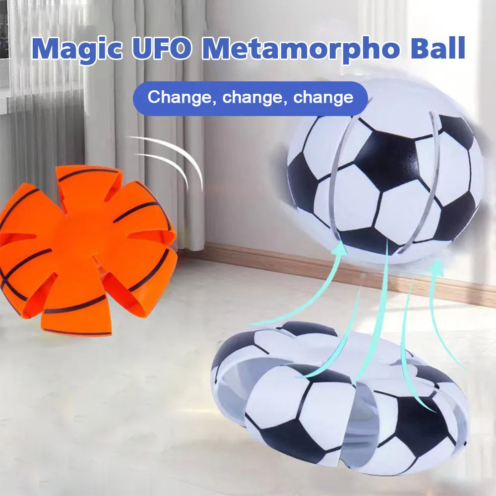 Glowing bouncy ball dog toy that transforms into flying disc for outdoor training